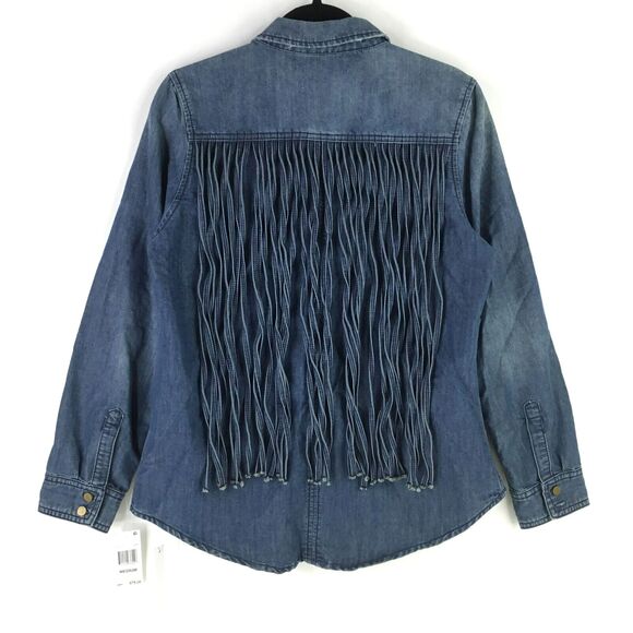 Blank NYC Western Denim Shirt Womens Medium Dramatic Fringe Lightly Distressed - Picture 1 of 8